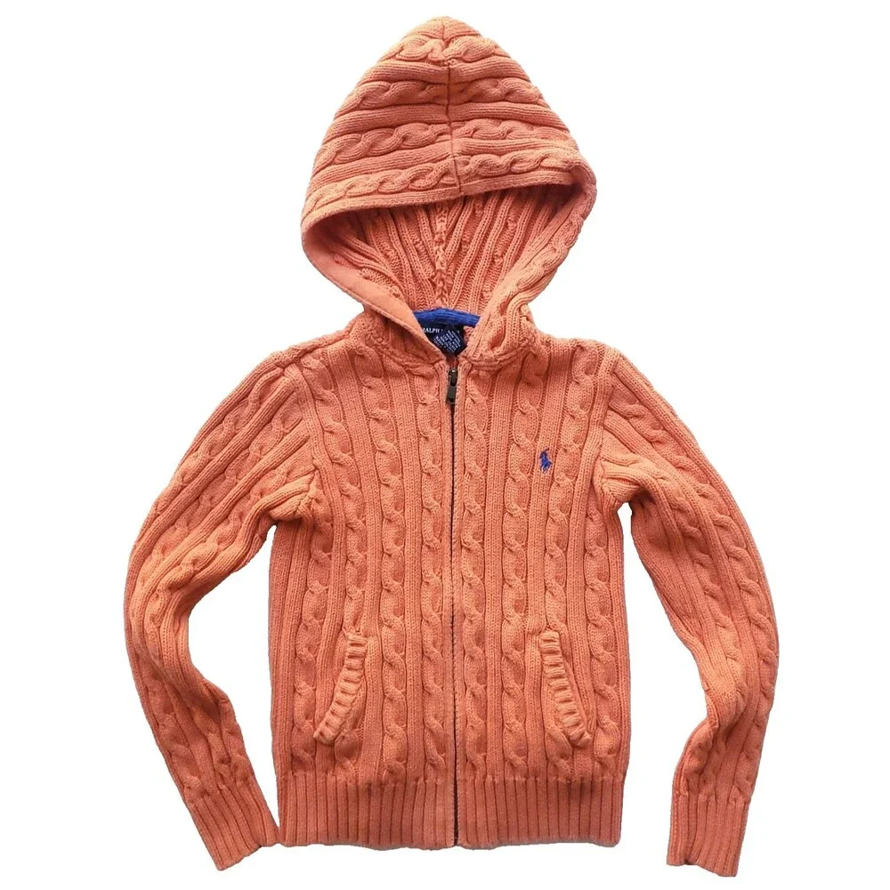 Ralph Lauren Hooded Sweater Kids M Cable Knit Full Zip Pony Logo Preppy Orange